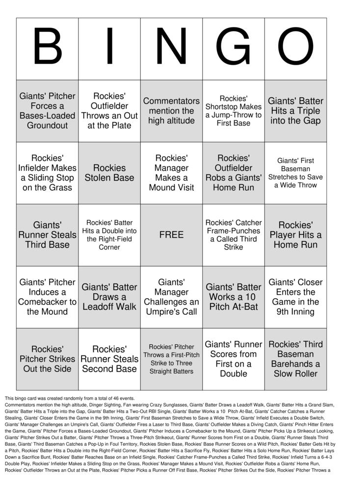Download Free Rockies Vs Giants 2026 Bingo Cards