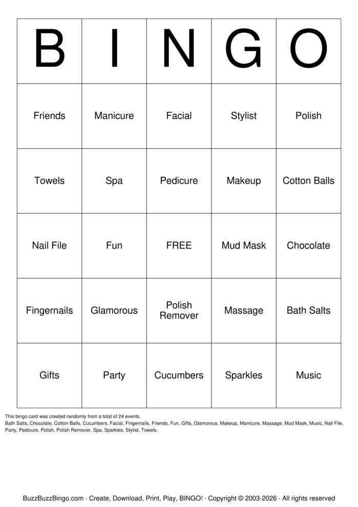 Download Free Spa Party Bingo Cards