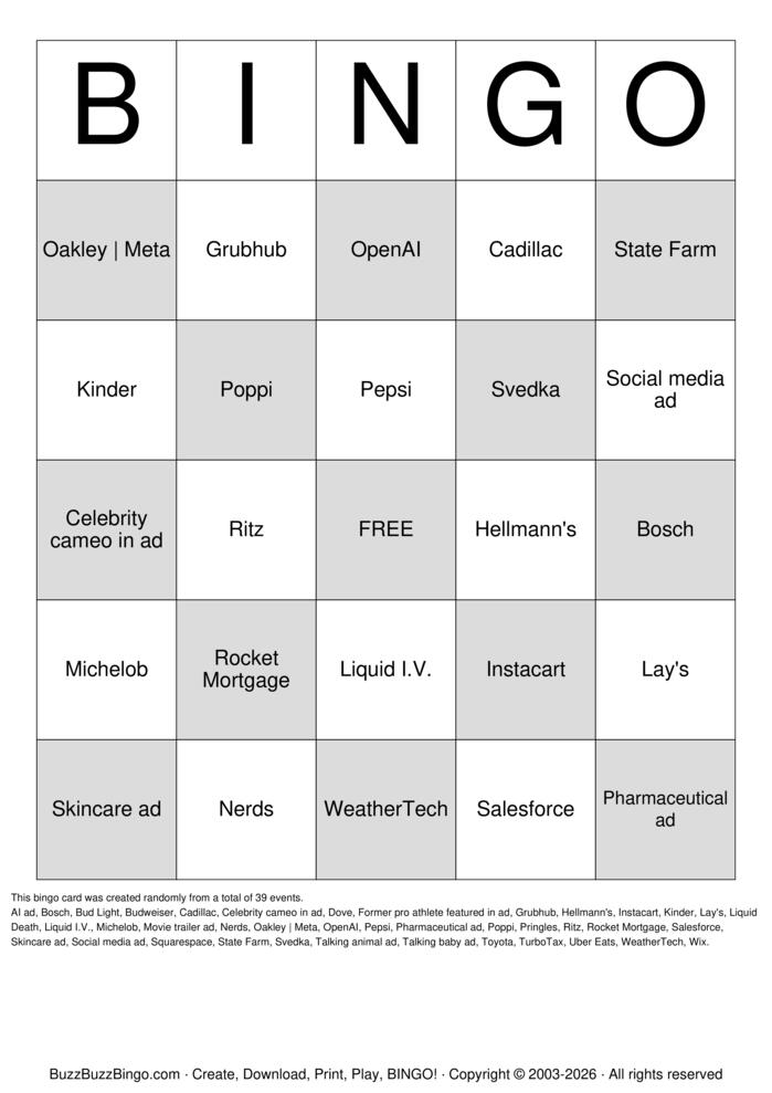 Download Free Superbowl Commercials Bingo Cards Download Free Superbowl Commercials Bingo Cards