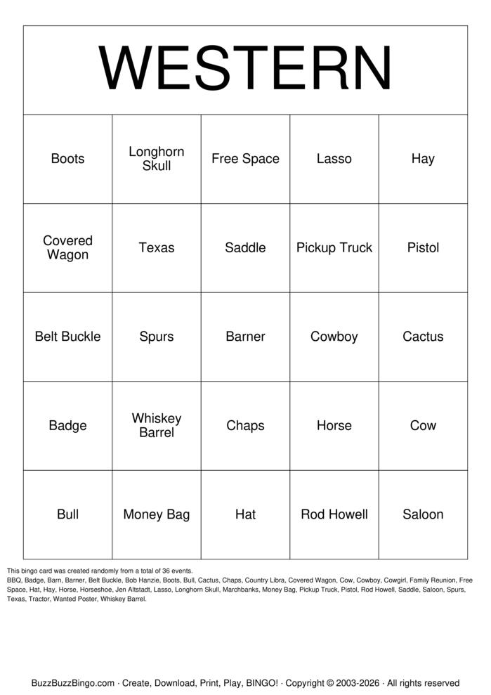 Download Free WESTERN  Bingo Cards