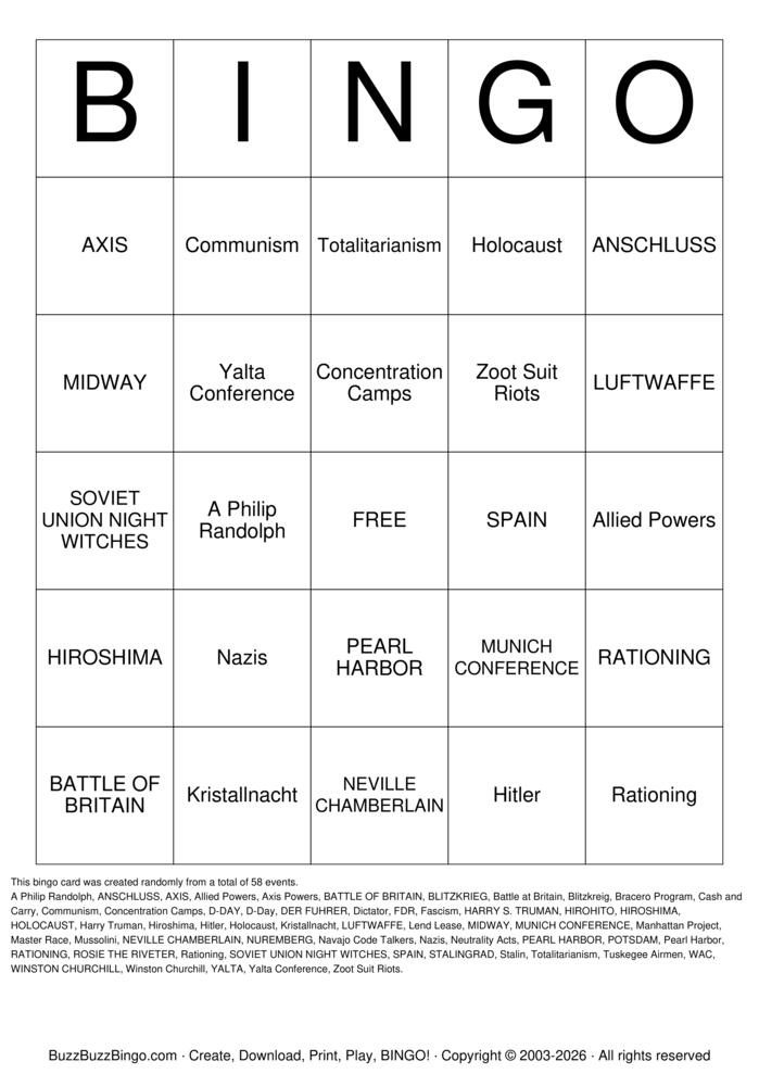 Download Free WWII Bingo Cards