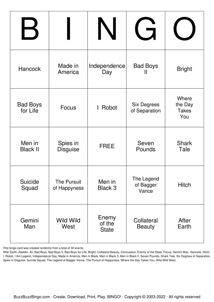 Download Free Will Smith Movies Bingo Cards