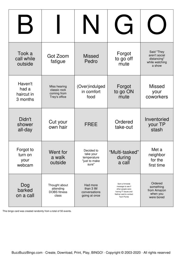 Download Free Work from Home / Quarantine Bingo Cards