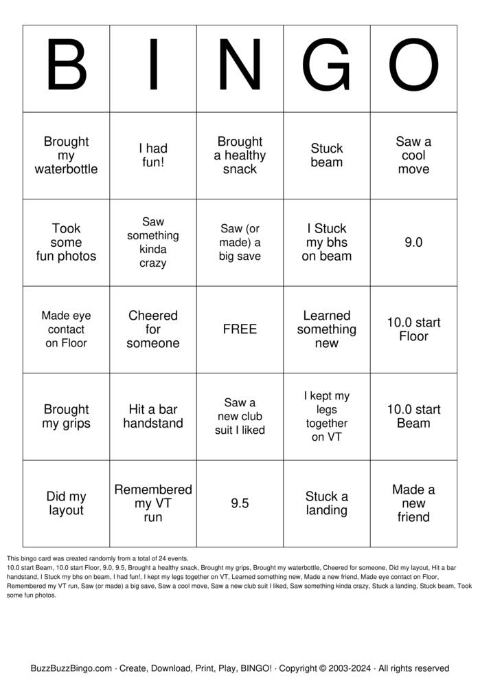 Download Free gymnastics Bingo Cards