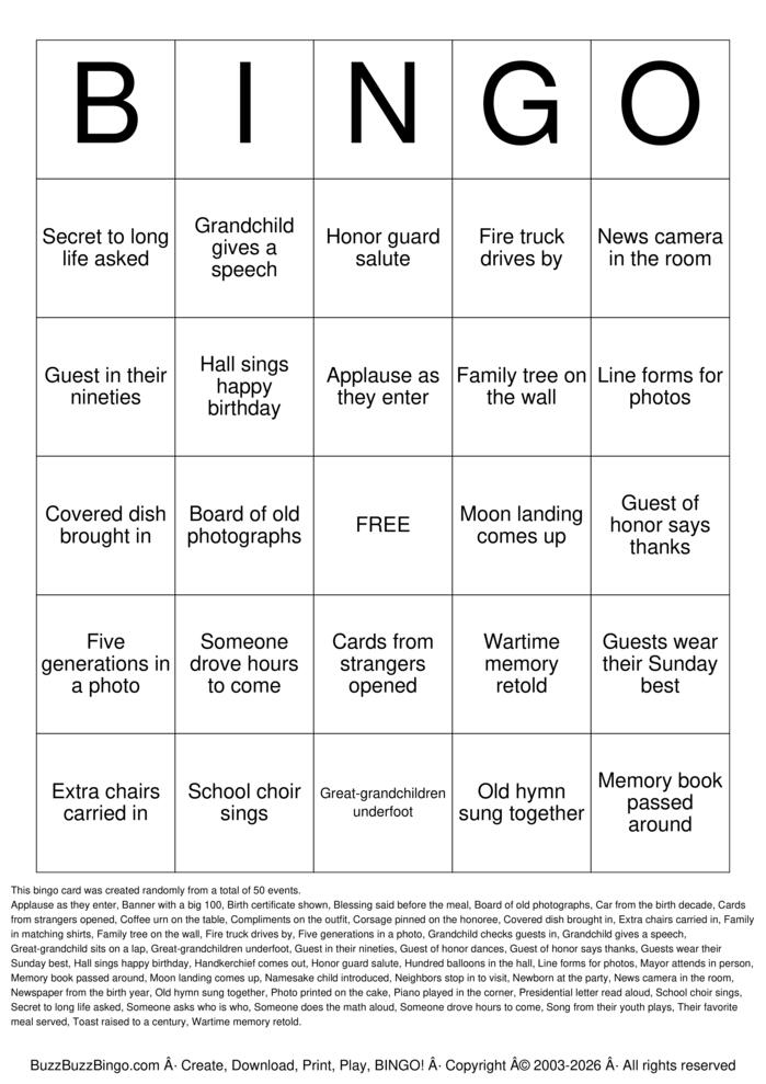 Download Free 100th Birthday Bingo Cards