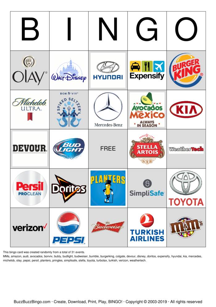 2019 Superbowl Commercial Logos Bingo Cards to Download, Print and ...
