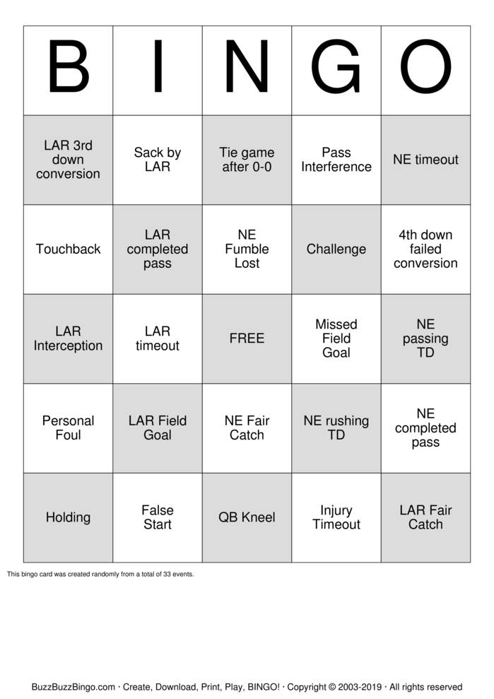 2019 Superbowl NE vs LAR Bingo Cards to Download, Print and Customize!