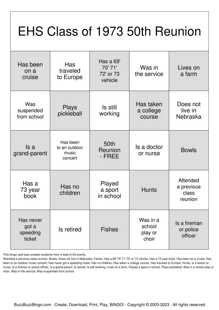 50th Class Reunion Bingo Cards to Download, Print and Customize!