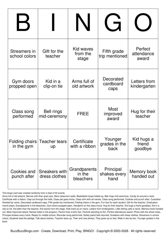 Download Free 5th Grade Graduation Bingo Cards