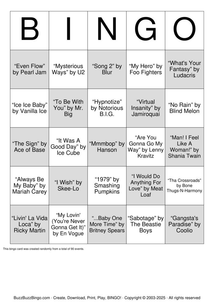 Download Free 90's Music Bingo (1 - Fixed) Bingo Cards