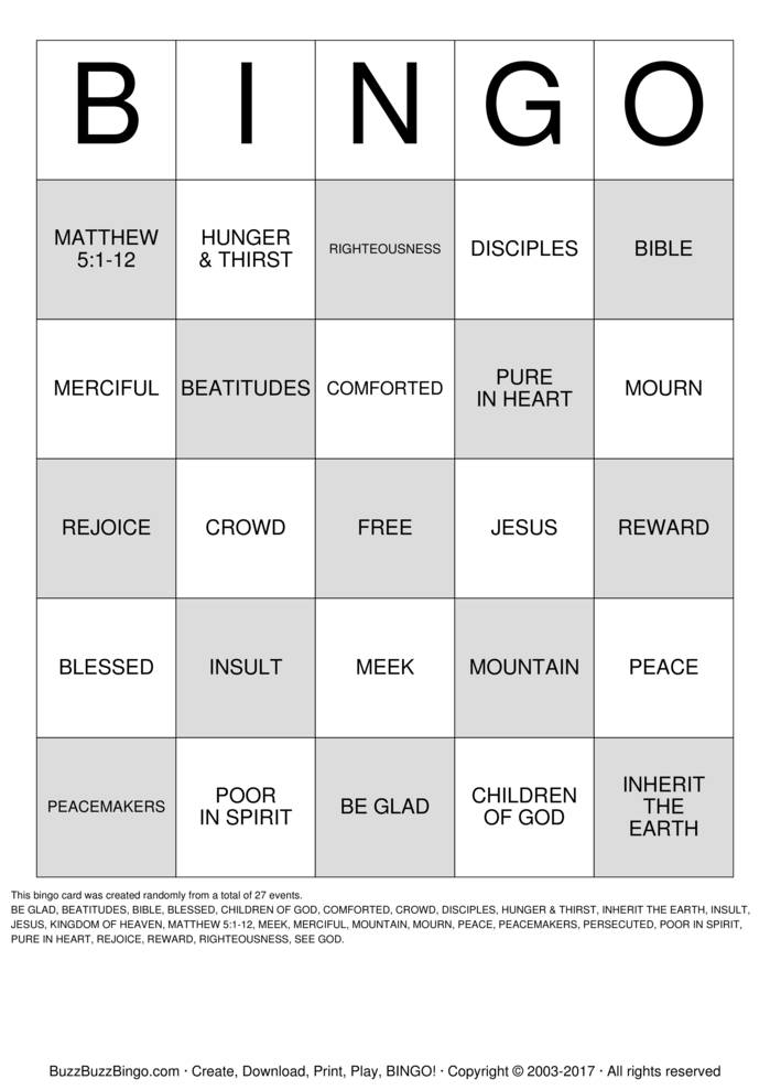 Download Free BEATITUDES Bingo Cards Download Free BEATITUDES Bingo Cards
