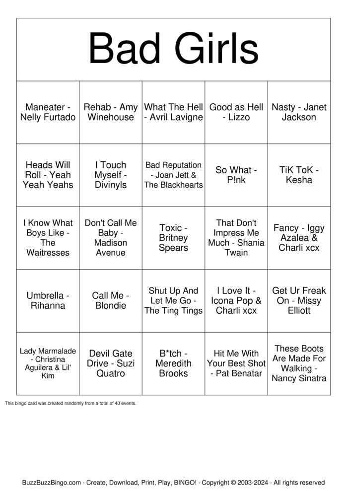 Download Free Bad Girls Bingo Cards Download Free Bad Girls Bingo Cards