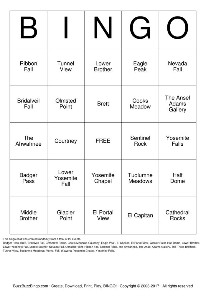 Download Free Brett & Courtney's Yosemite Bingo Cards Download Free Brett & Courtney's Yosemite Bingo Cards