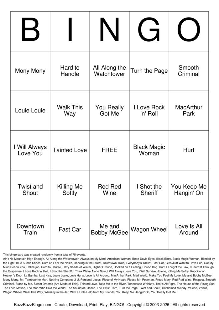 Download Free Cover Songs vs Originals Titles Bingo Cards