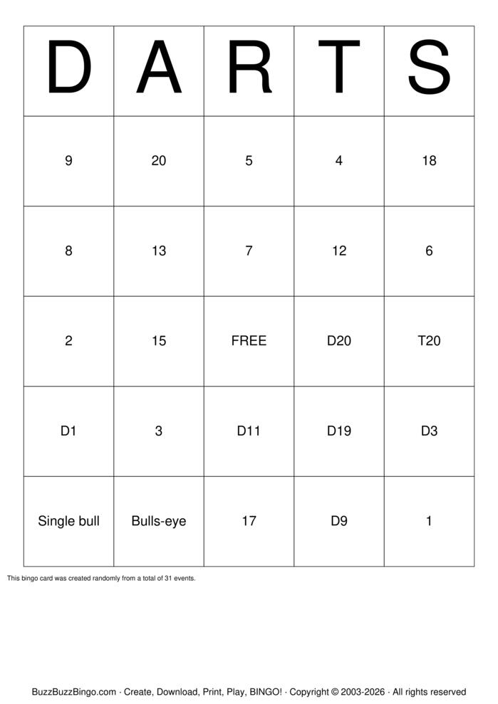 Download Free Darts Bingo Cards