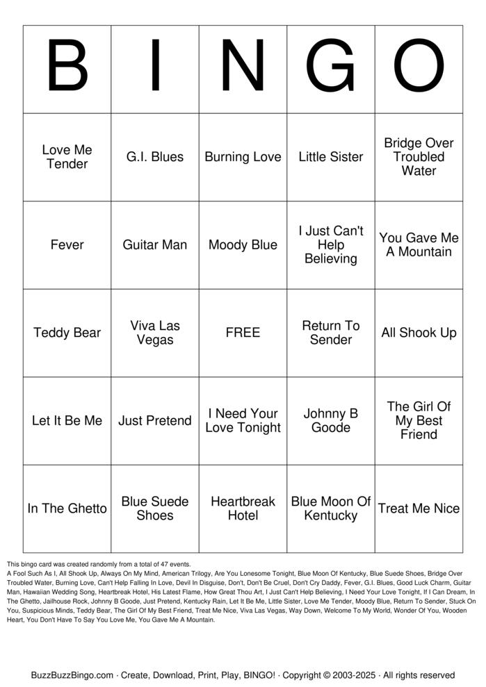Download Free Elvis Bingo Cards