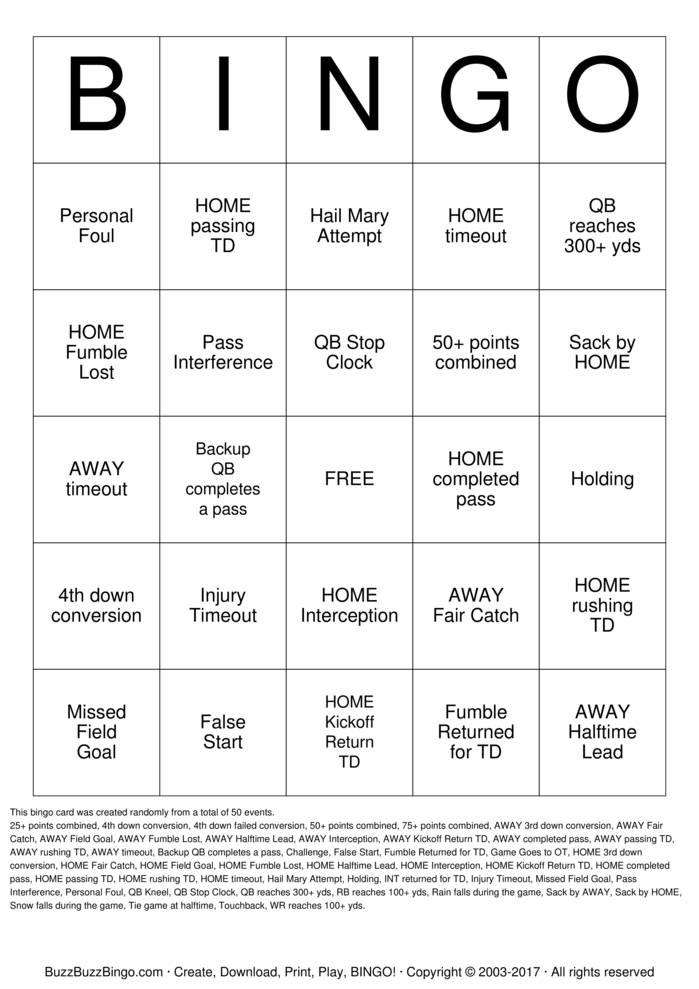 Download Free Football Bingo Cards