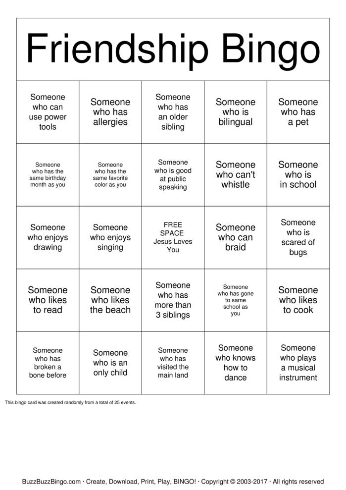Friendship Bingo Bingo Cards to Download, Print and Customize!