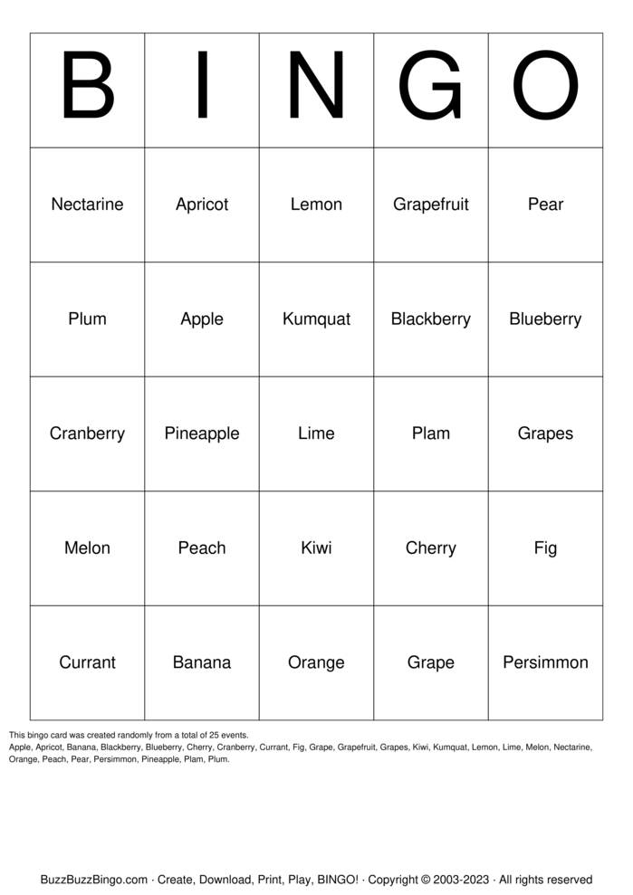 Fruits Bingo Cards to Download, Print and Customize!