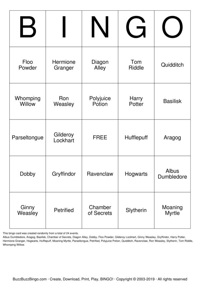 Download Free Harry Potter Bingo Cards