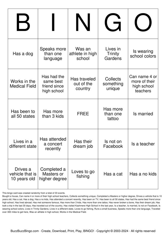 Kashmere '04 Class Reunion Bingo Cards to Download, Print and Customize!