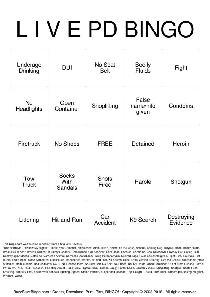 Download Free LIVE PD Bingo Cards
