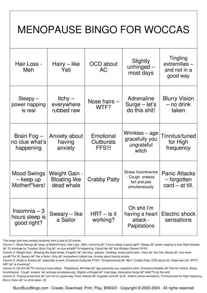 Download Free MENOPAUSE BINGO FOR WOCCAS Bingo Cards
