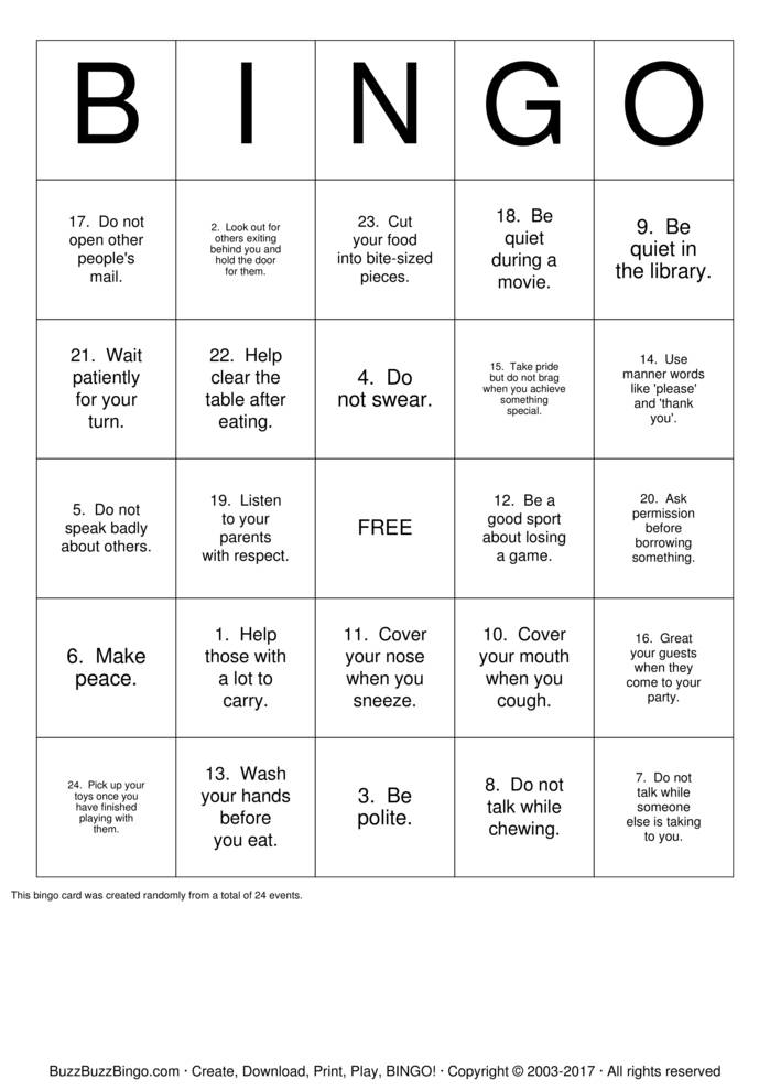 Download Free Manners Bingo Cards