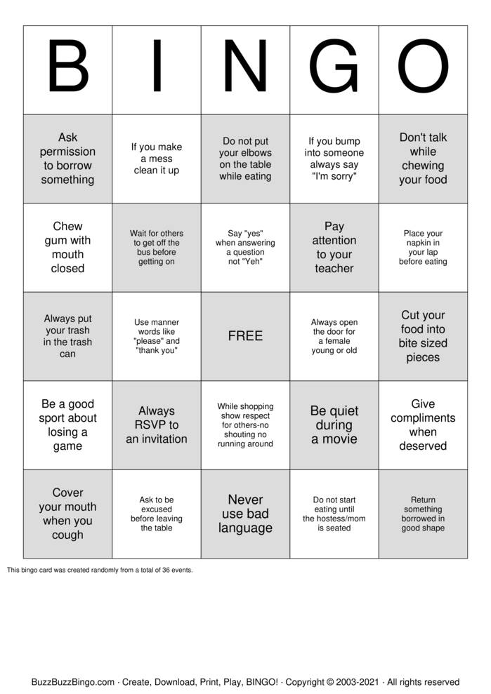 Manners Bingo Cards to Download, Print and Customize!