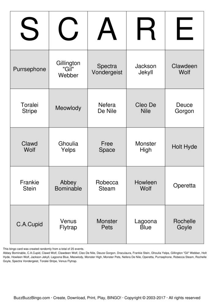 Monster High Bingo Cards to Download, Print and Customize!
