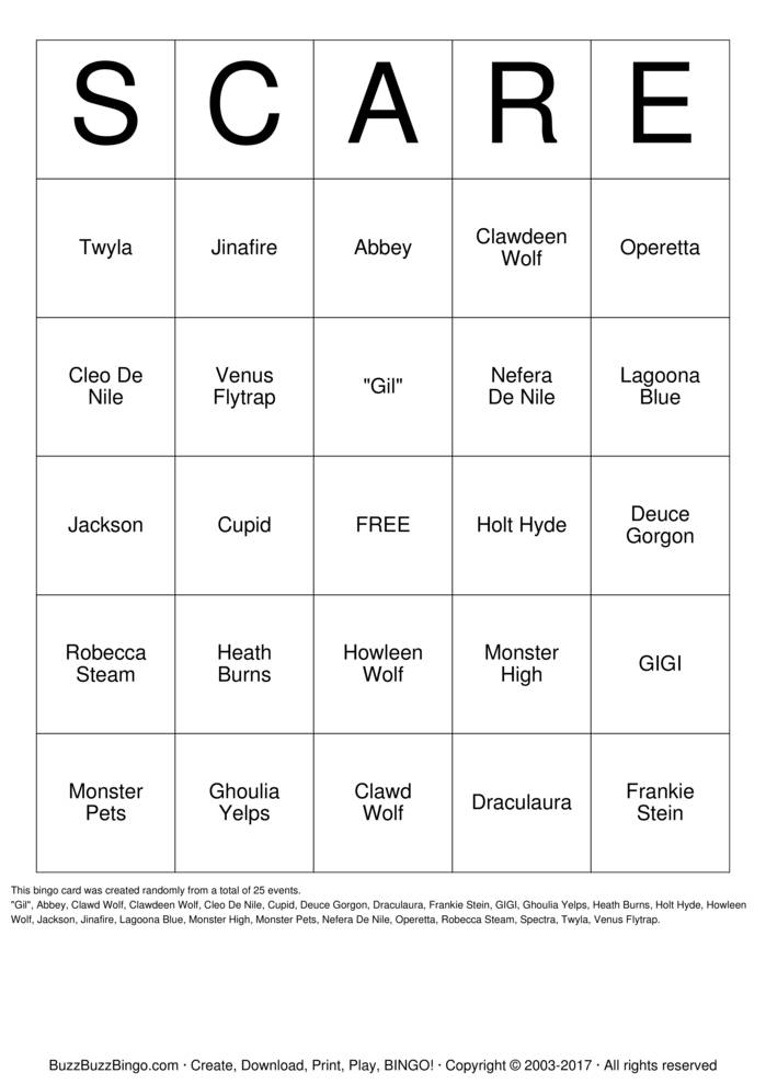 Monster High Bingo Cards to Download, Print and Customize!
