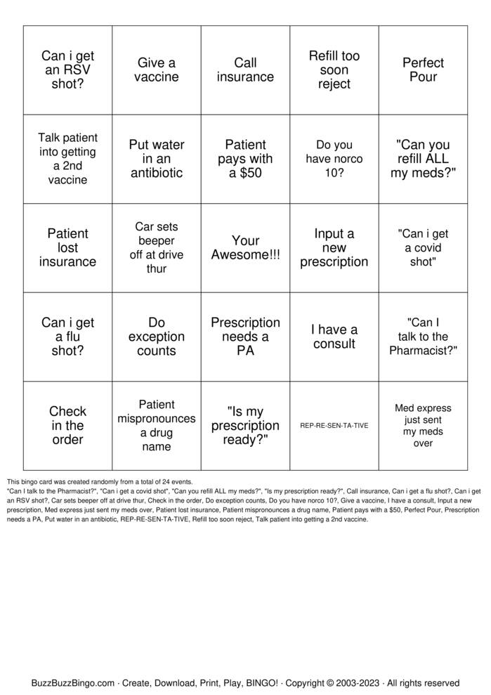 Download Free Pharmacy Bingo Bingo Cards