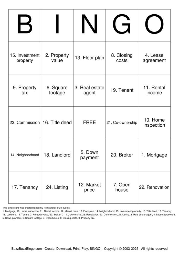 Download Free Real Estate Bingo Bingo Cards