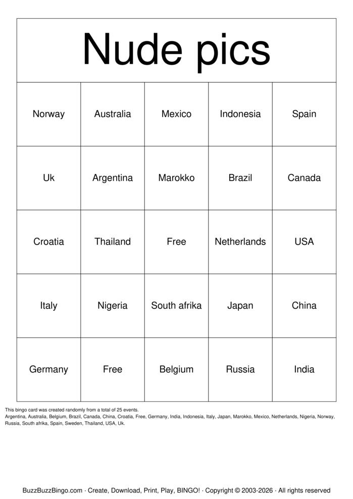 Download Free Respresent your country nude Bingo Cards