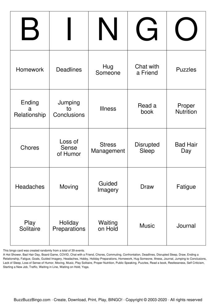 STRESS BINGO Bingo Cards to Download, Print and Customize!