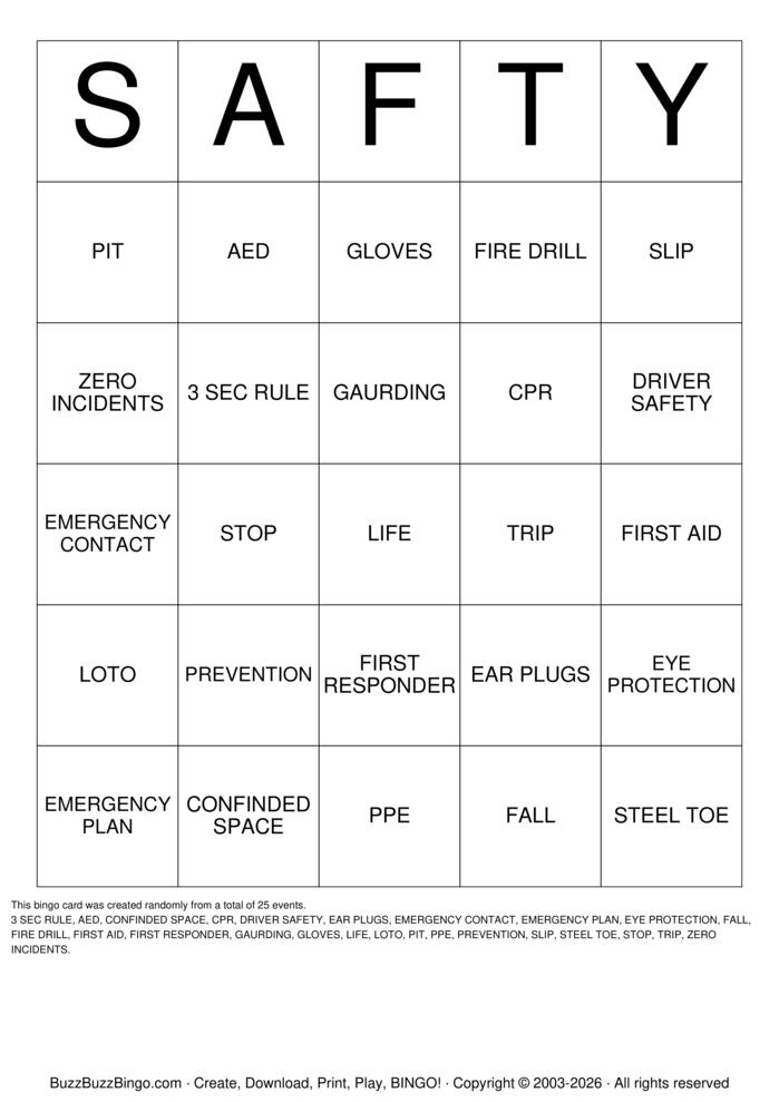 Download Free Safety Bingo Cards