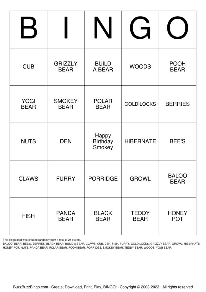 Smokey The Bear Party Bingo Cards to Download, Print and Customize!