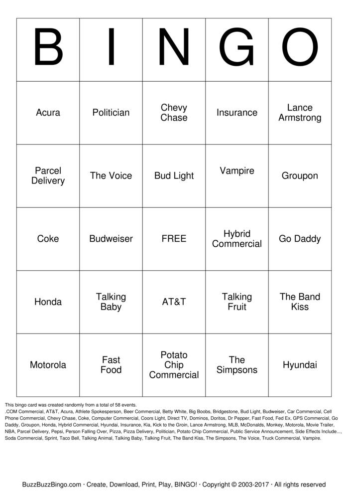 Superbowl Commercials Bingo Cards to Download, Print and Customize!
