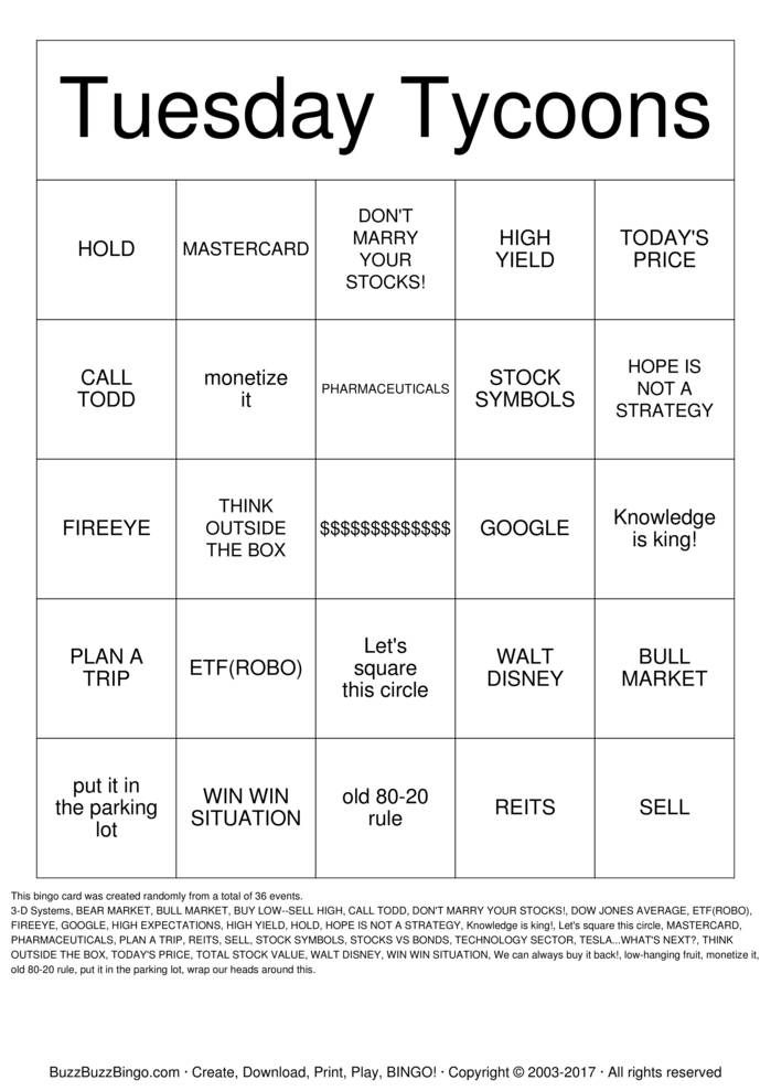 Download Free TUESDAY TYCOONS Bingo Cards