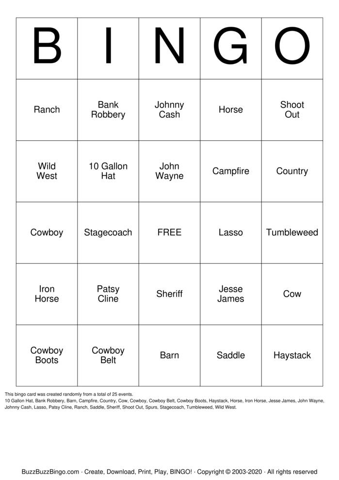 Western Bingo Cards to Download, Print and Customize!