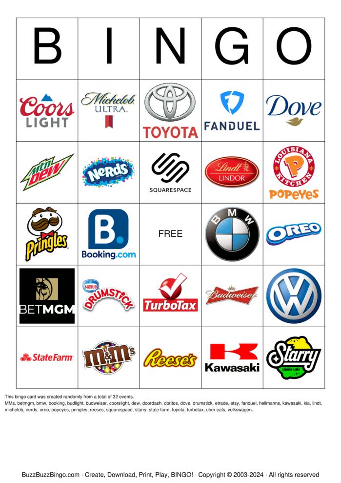 Download Free 2024 Superbowl Commercial Logos Bingo Cards
