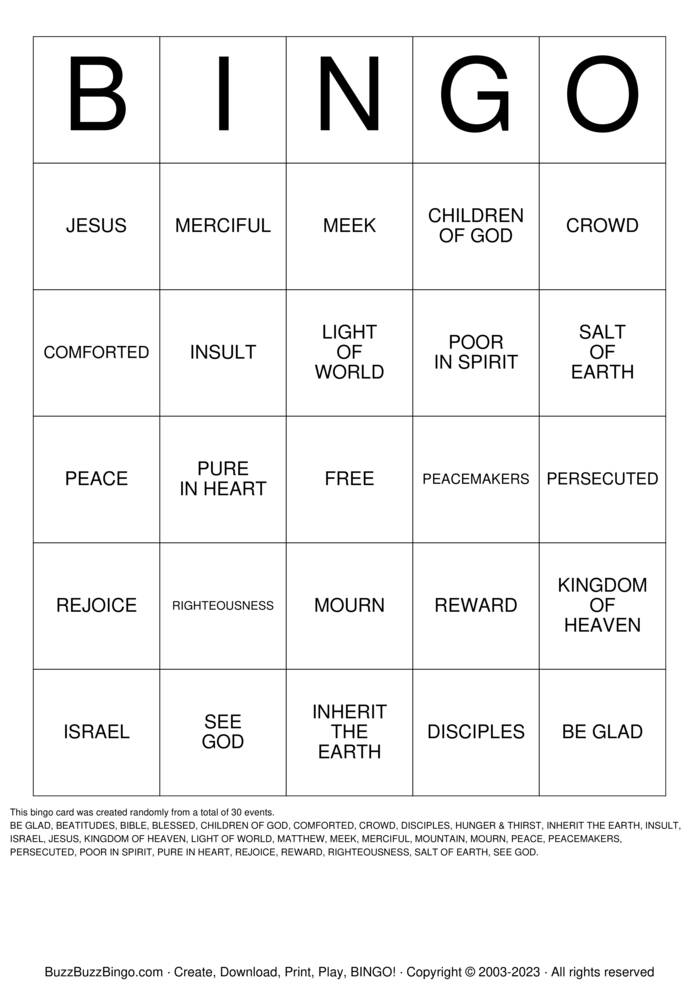 Download Free BEATITUDES Bingo Cards
