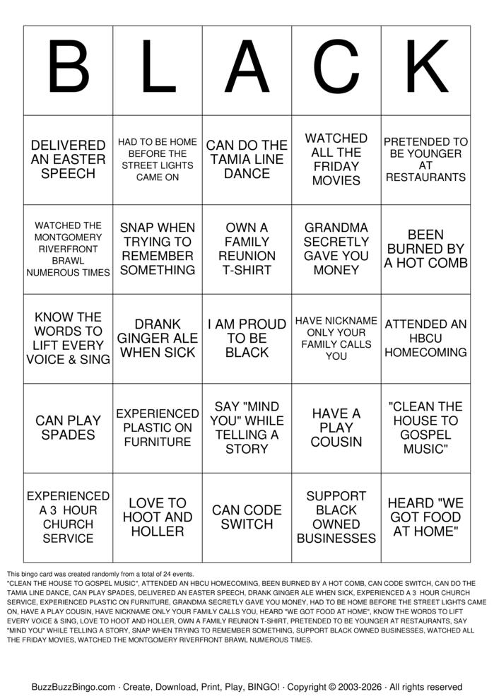 Black people Bingo Cards to Download, Print and Customize!