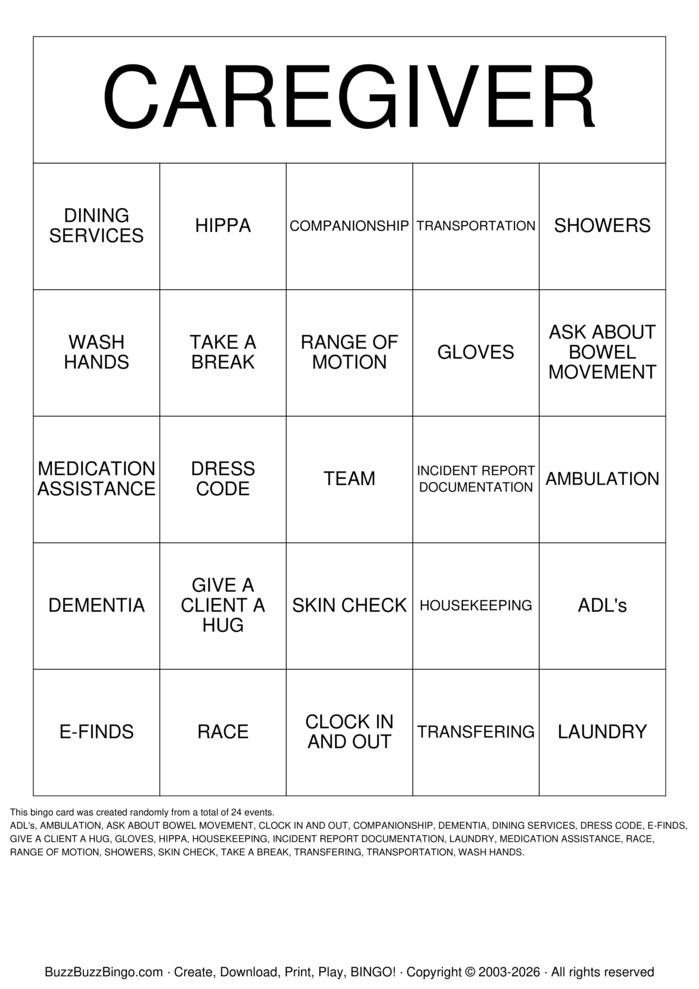 Download Free CAREGIVER Bingo Cards Download Free CAREGIVER Bingo Cards
