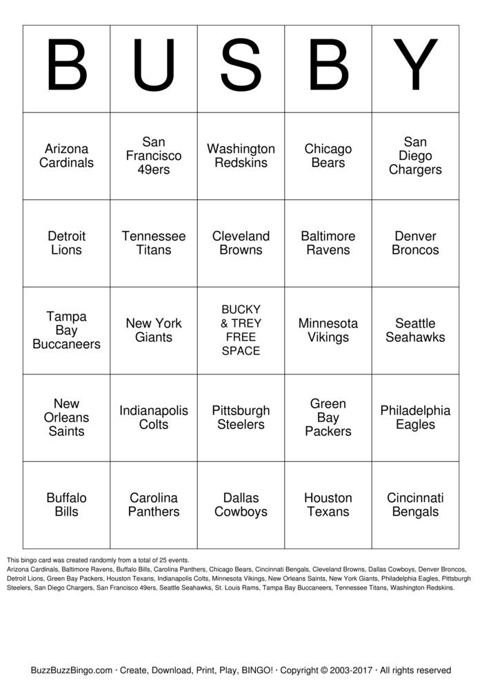Download Free Football Team Names Bingo Cards