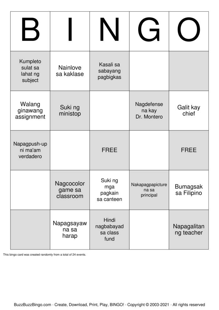 Download Free HUMSS BINGO Bingo Cards