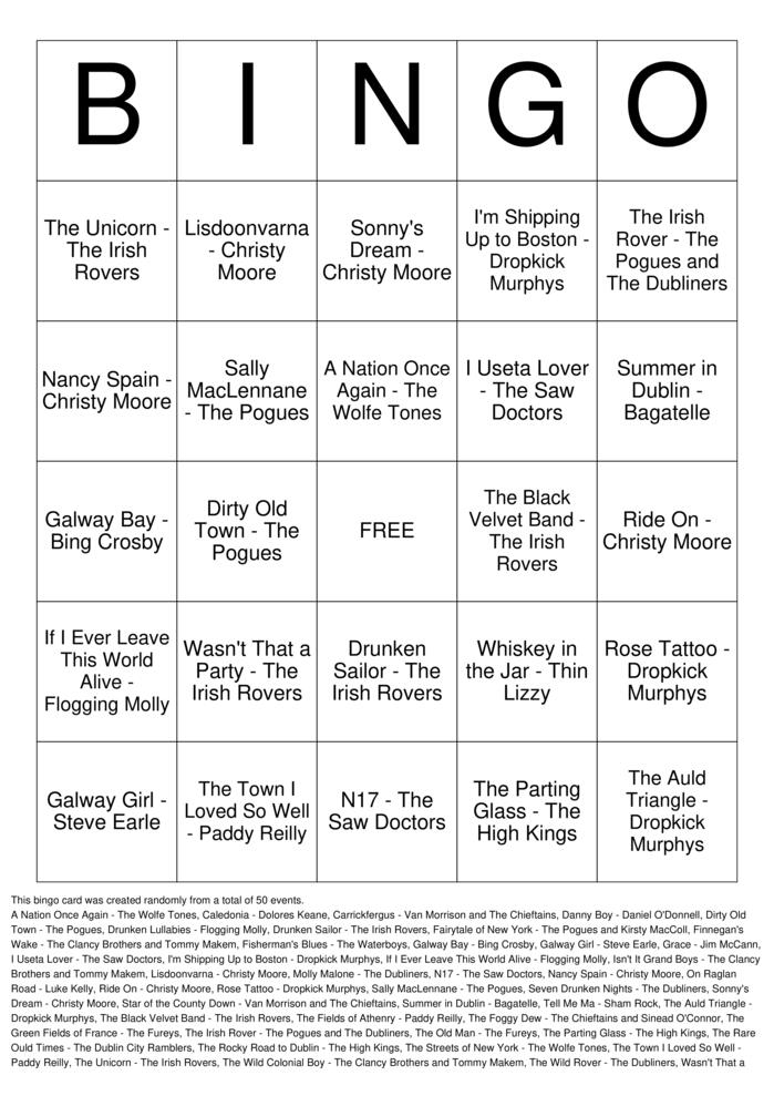 Download Free Irish Pub Songs Top 50 Bingo Cards Download Free Irish Pub Songs Top 50 Bingo Cards
