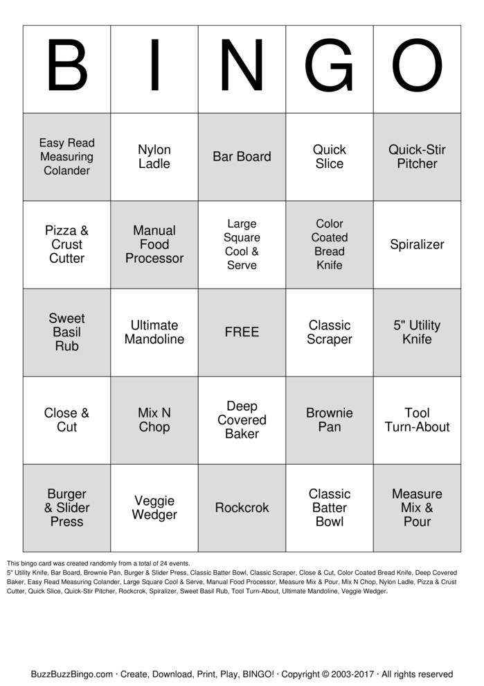 Download Free Jenell's Pampered Chef  Bingo Cards