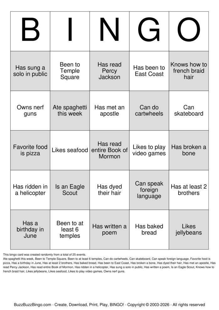 Download Free LDS YOUTH BINGO Bingo Cards