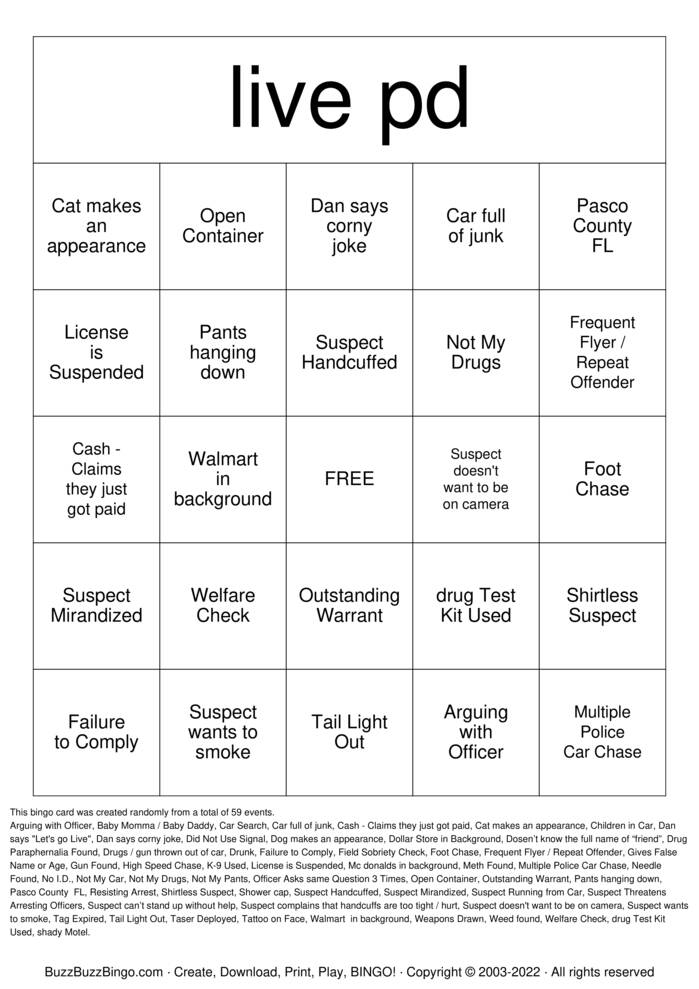 Download Free LIVE PD Bingo Cards